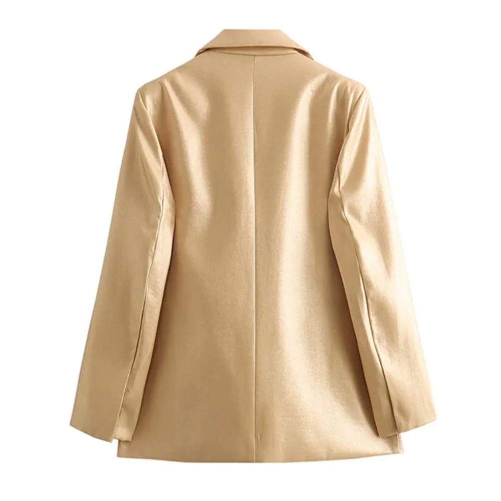Blazer Tops Gold Turn-Down Collar Long Sleeves Pockets Single Breasted Female - Picture 4 of 9